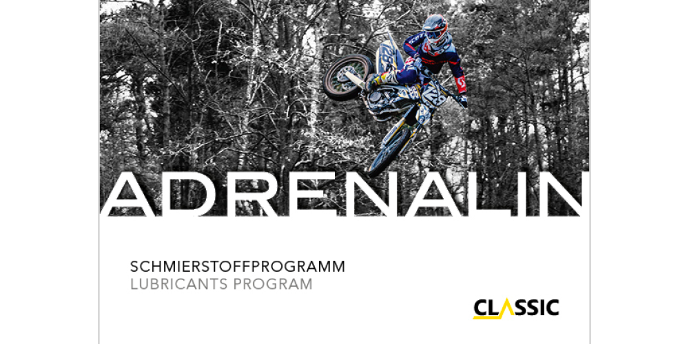 Adrenalin, das Schmierstoffprogramm von Classic mit einem fliegenden Motorcrossmaschine als Motiv