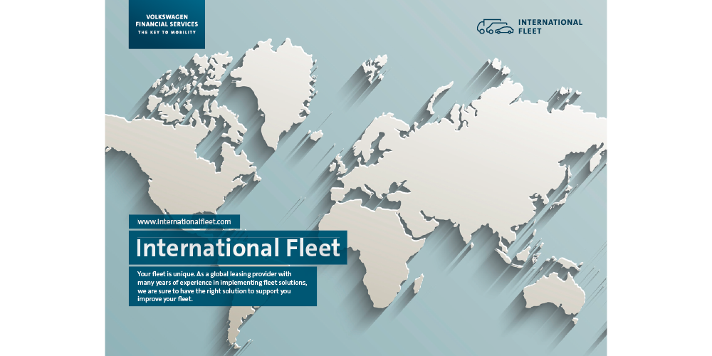 Anzeigenmotiv mit der Weltkartevon Volkswagen Finacial Services mit dem Claim "International Fleet"