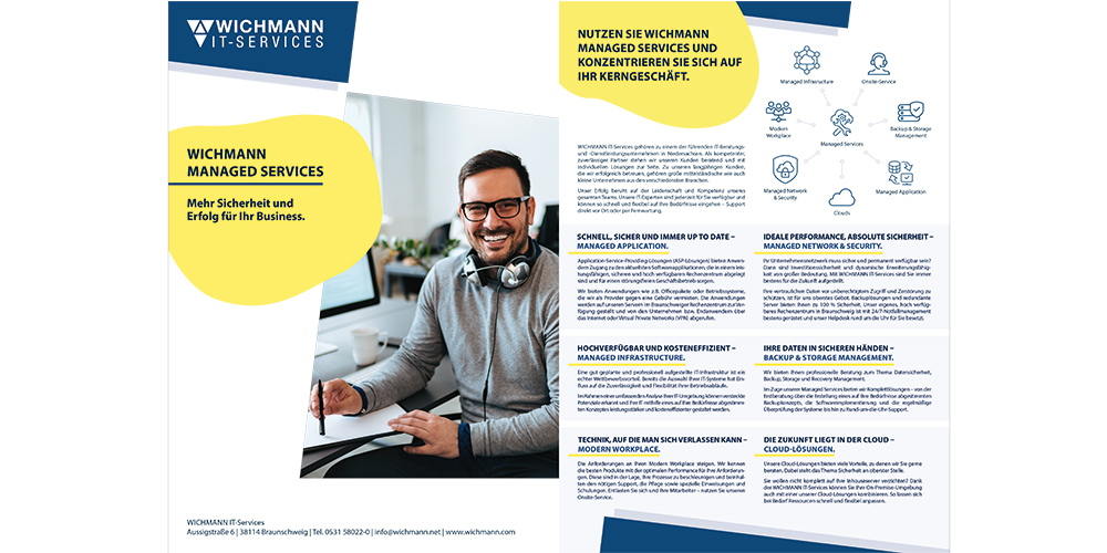 Aufgeklappte Broschüre einer IT-Dienstleistung "Wichmann Managed Services"