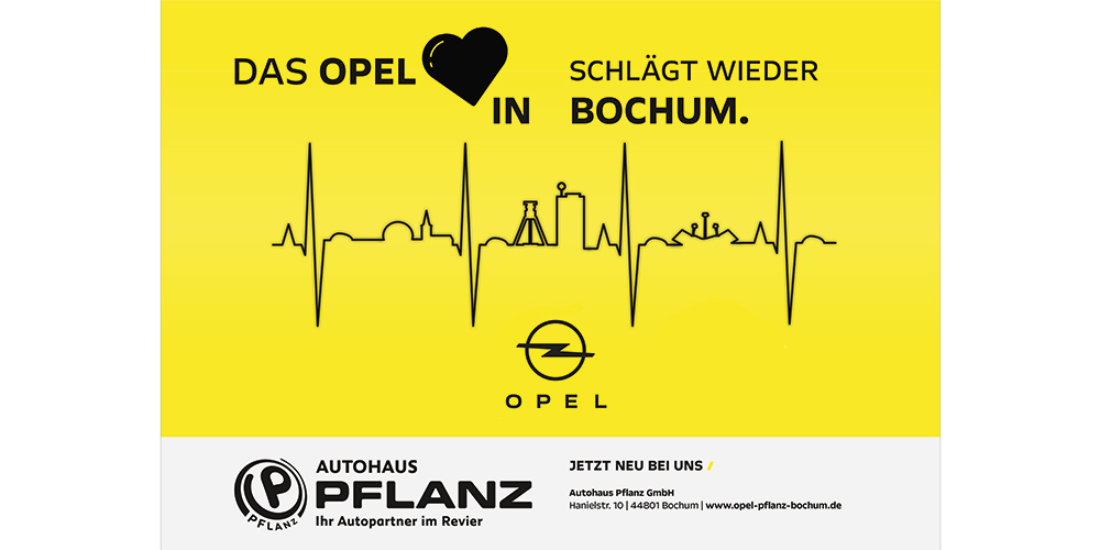 Herzschlaglinie mit Silhouette von Wahrzeichen aus Bochum. Das Opel-Herz schlägt wieder in Bochum, Absender Autohaus Pflanz