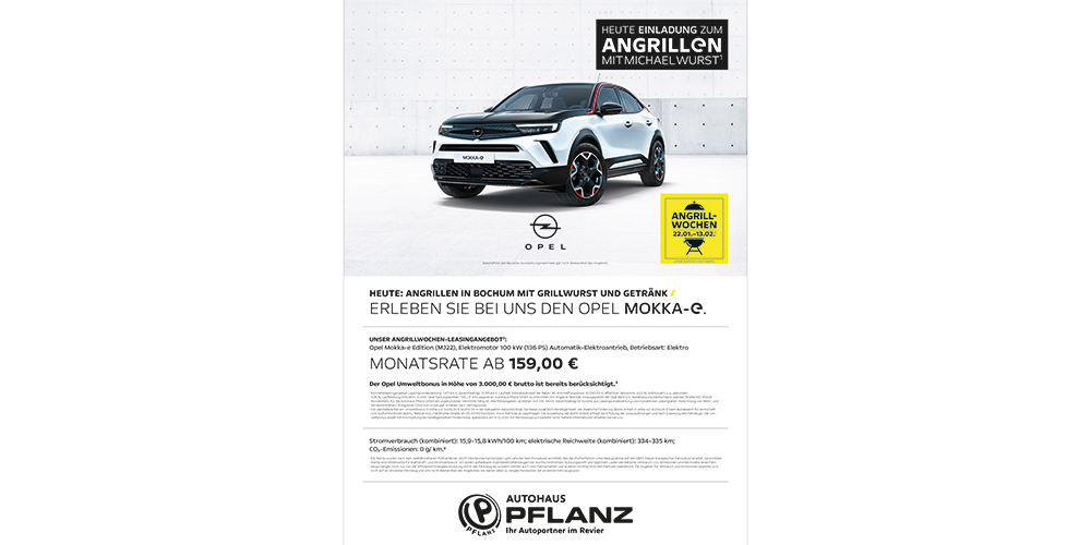 Finanzierungsangebot eines Opel Mokka-e. Hinweis auf ein Angriffen-Wocheende im Autohaus Pflanz