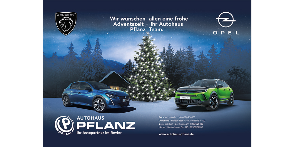 Ein Peugeot 08 und ein Opel Mokka stehen in einer Winterlandschaft, mittig ist ein Weihnachtsbaum. "Wir wünschen allein eine frohe Adventszeit, ihr Autohaus Pflanz Team"